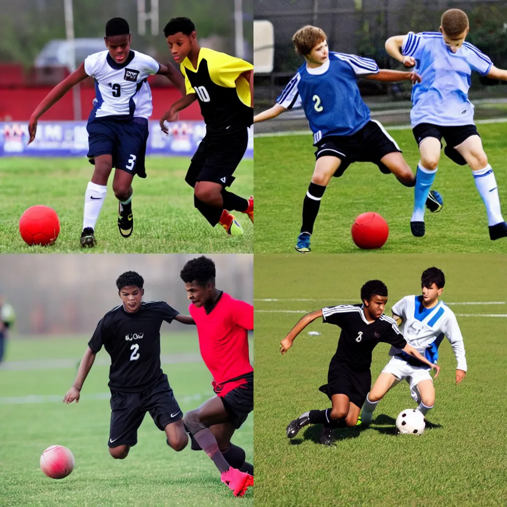 Prompt: soccer player playing against a football player basketball