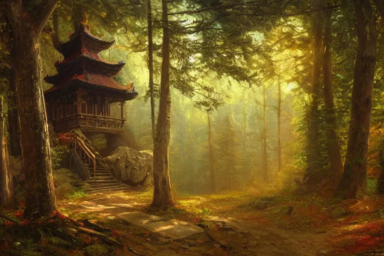 Prompt: wooden temple in the forest, very detailed, focused, oil painting, colorful, canvas, artstation, Vsevolod Ivanov, Albert Bierstadt