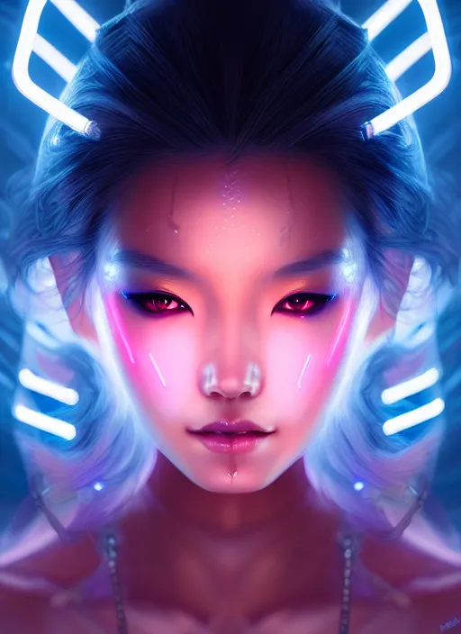 Image similar to portrait of female asian humanoid, intricate, elegant, cyber neon lights, highly detailed, digital photography, artstation, glamor pose, concept art, smooth, sharp focus, art by artgerm and greg rutkowski