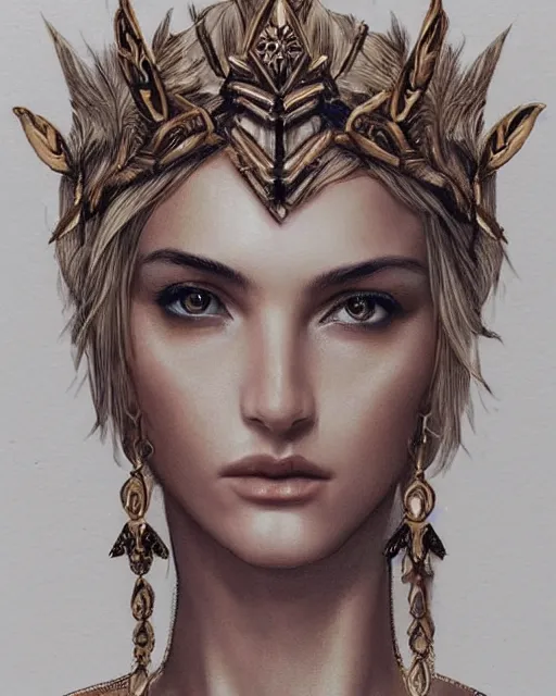 Image similar to tattoo sketch of blonde super model aphrodite greek goddess wearing a gold laurel wreath and triangle earrings, beautiful piercing gaze with sharp pupils, in the style of greg rutkowski, fantasy, amazing detail, epic, elegant, smooth, sharp focus, front view