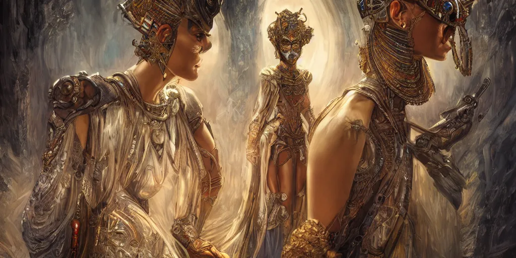 Image similar to HDR portrait photography mirror of The Utopian Benevolent Cyborg Queen and The Underworld Evil Cyborg King, Coherent portraits, ethnic fantasy, intricate, elegant, highly detailed, African, Egyptian, digital painting, trending on ArtStation, HDR photo, smooth, sharp focus, illustration, art by artgerm and greg rutkowski and alphonse mucha