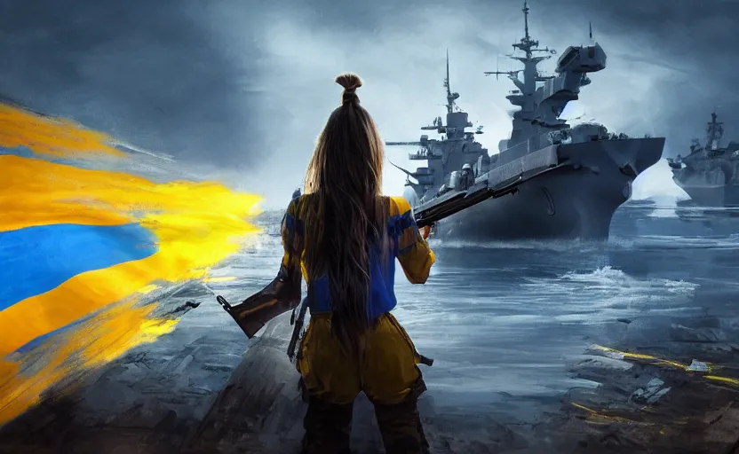 Prompt: view from behind of a girl in national clothes with blue and yellow stripes in her hair and a huge rifle in her hands standing against and facing a Russian warship, and she is ready to fight, left side is blue and yellow flag, concept art, сinematic lighting, insanely detailed, smooth, sharp focus, Artstation, 8k, unreal engine, hyper realistic, steampunk style, bright background, moonlight, volumetric lighting, digital illustration by Ruan Jia and Mandy Jurgens and Artgerm and Wayne Barlowe and Greg Rutkowski and Zdislav Beksinski