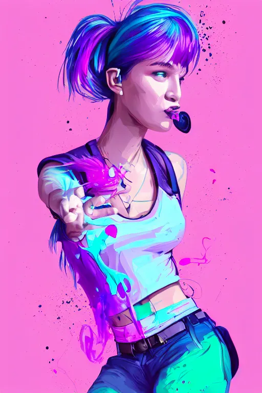 Prompt: a award winning half body portrait of a beautiful woman in a croptop and cargo pants with ombre purple pink teal hairstyle with head in motion and hair flying listenin to music on headphones by wlop, paint splatter, outrun, vaporware, shaded flat illustration, digital art, trending on artstation, highly detailed, fine detail, intricate