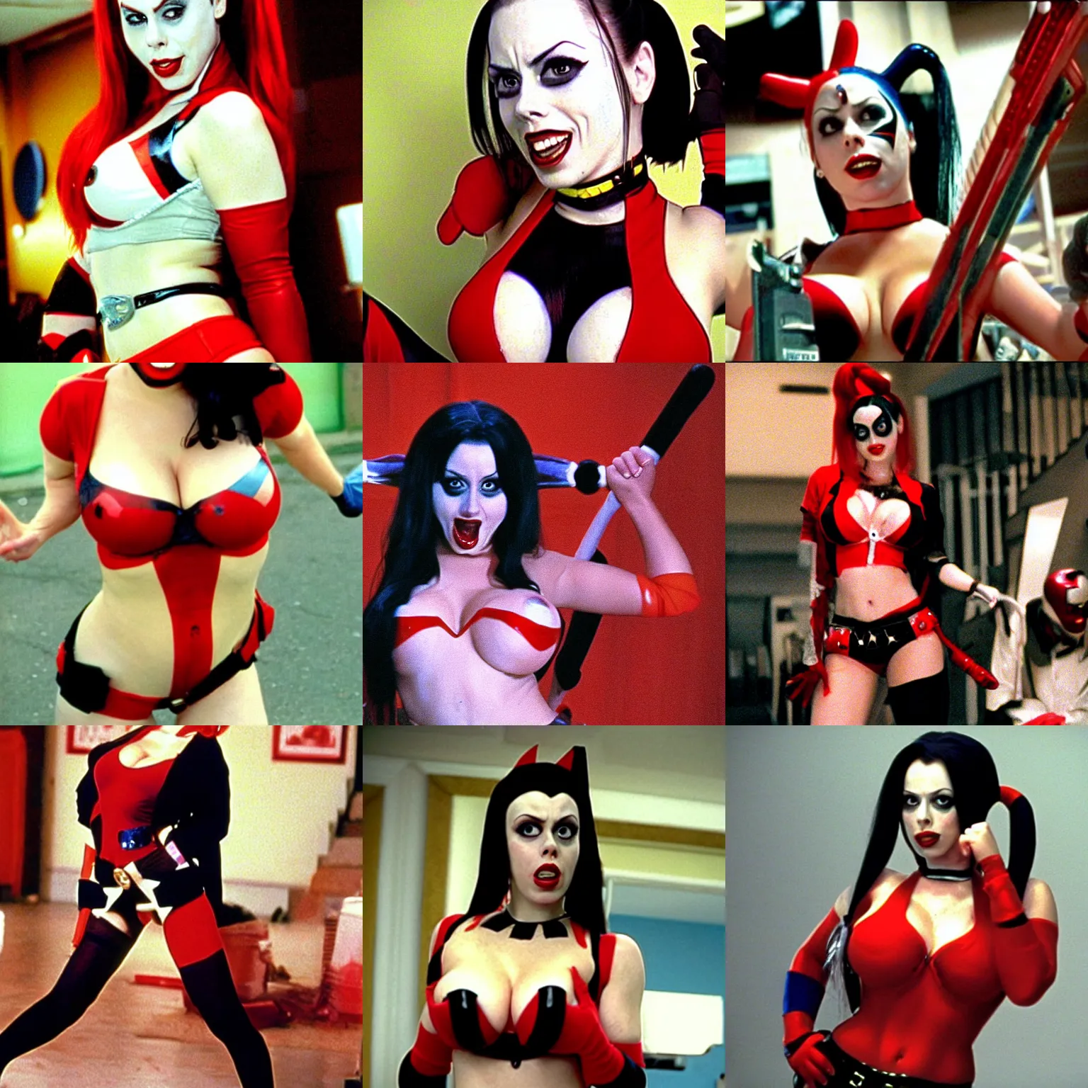 Prompt: a cinematic still of Gianna Michaels starring as Harley Quinn, 1999, vintage