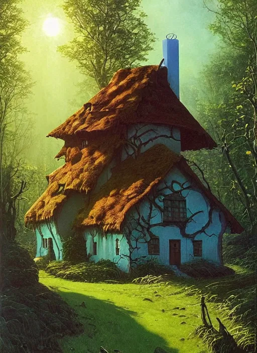 Image similar to hyper realistic witch cottage with solar panels with happy lighting and technology in the woods gorgeous lighting, sunbeams blue sky, lush forest foliage painting by zdzisław beksinski and norman rockwell and greg rutkowski weta studio, and lucasfilm