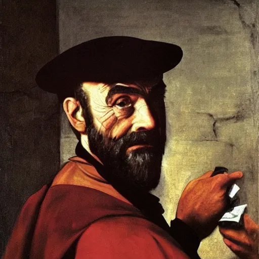 Prompt: Sean Connery as a medieval thief, oil on canvas, painted by Caravaggio