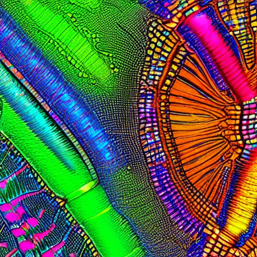 Image similar to gigapixel resolution abstract artwork made of hundreds of colorful transparent insect wings made of crytals, bismuth and other interesting rainbow coloured gems ornated copper or silver. color grading, super - resolution microscopy, spectral color, chroma, complimentary - colors, polychromatic - colors
