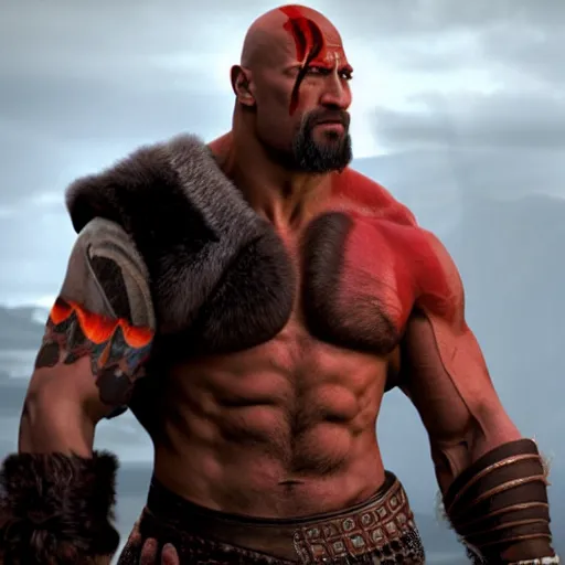 Prompt: dwayne johnson as kratos 4 k detailed