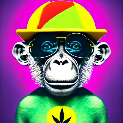 Image similar to a drug psa with monkey who high with marijuana, pop art, digiral art, highly rendered, octane rendered, 2 d style, colorful, colorama