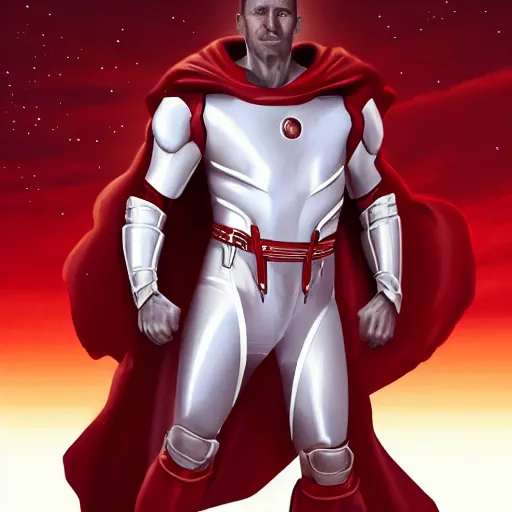 Image similar to portrait of a tall muscular infantry man in glossy sleek white armor with a few red details and a long red cape, heroic posture, deermined expression, on the surface of mars, night time, dramatic lighting, cinematic, sci-fi, hyperrealistic, movie still