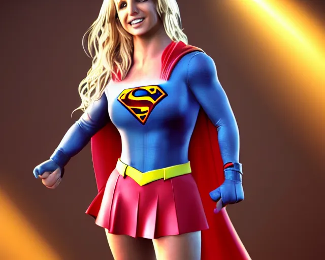 Image similar to Britney Spears As Supergirl, Playboy Centerfold, Full Figure, 8K, octane render, HDR, photorealistic, volumetric lighting, Hyperrealistic-H 960