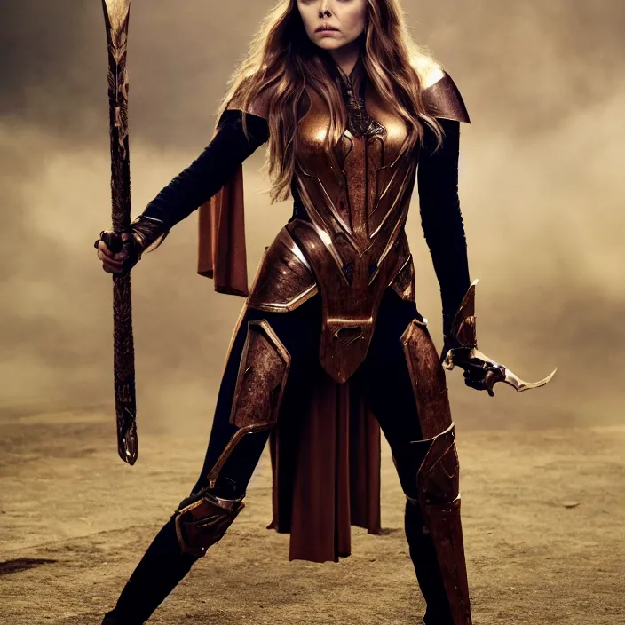 Prompt: full body photograph of elizabeth olsen as a stempunk warrior, Extremely detailed. 8k