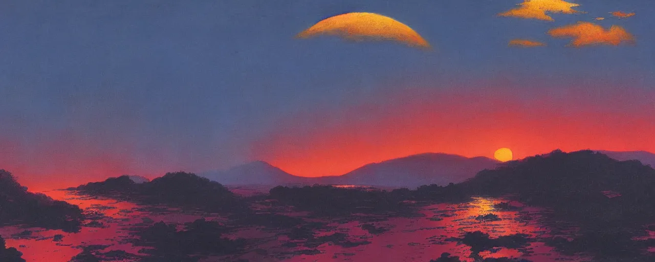 Image similar to awe inspiring bruce pennington landscape, digital art painting of 1 9 6 0 s, japan at night, red sunset, 4 k, 8 k, detailed