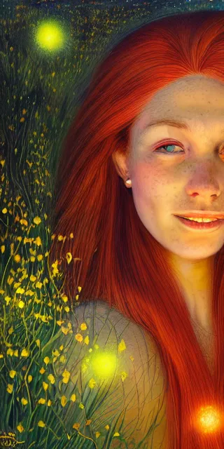 Image similar to infp young woman, smiling amazed, golden fireflies lights, sitting in the midst of nature fully covered, long loose red hair, intricate linework, bright accurate green eyes, small nose with freckles, oval shape face, realistic, expressive emotions, dramatic lights spiritual scene, hyper realistic ultrafine art by michael cheval, jessica rossier, boris vallejo