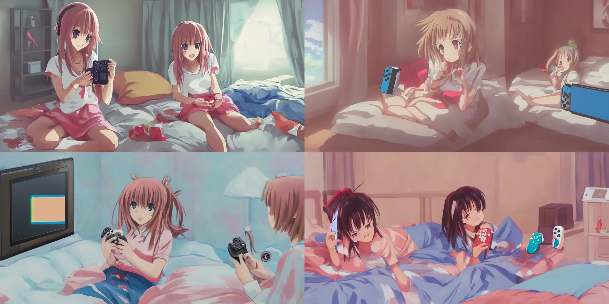 Prompt: cute art of anime girl playing with nintendo switch inside a bedroom