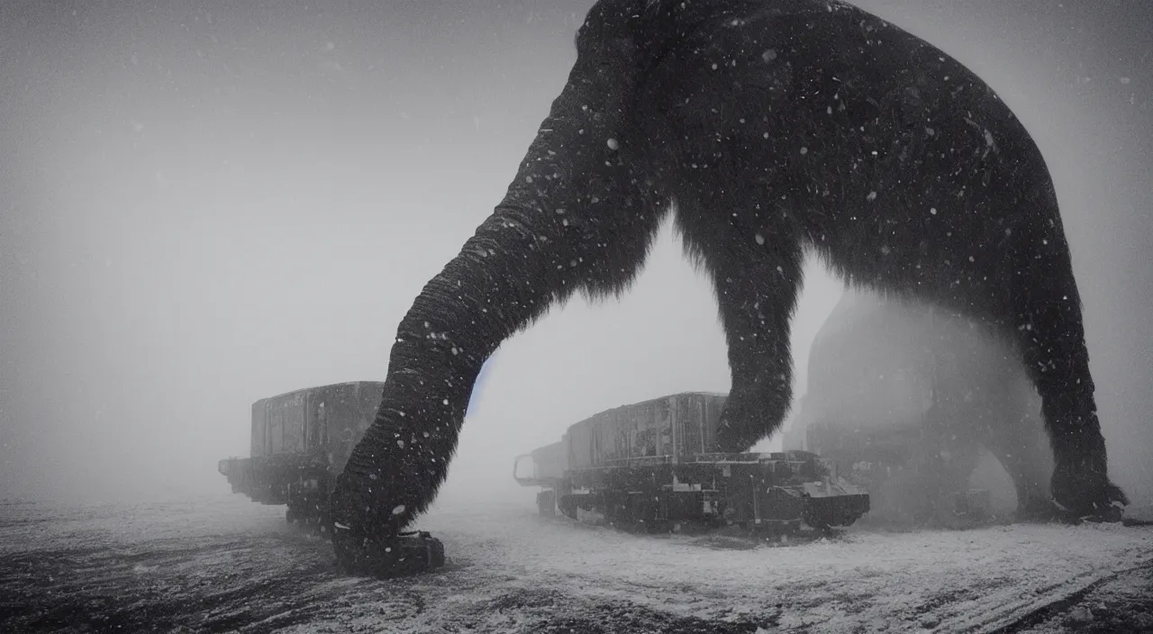 Prompt: “photo of one biomechanical mammoth in an arctic storm with some fog and blizzard, the mammoth drags old gigantic coal wagons with snow, it's a sunset photo with cold tones, some people around ”