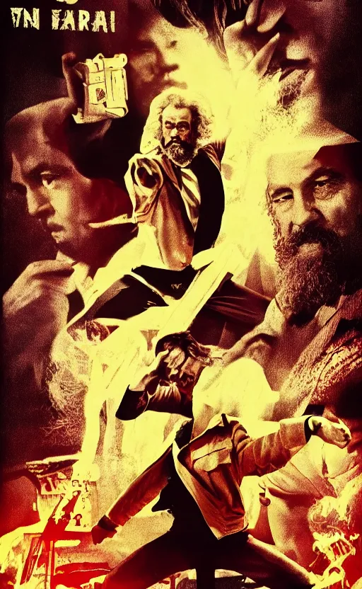 Image similar to full 70s action movie poster with Karl Marx in kung fu pose, drawing 4k, grainy picture cinematic dramatic light