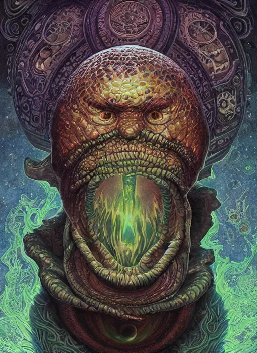 Prompt: duncan trussell glowing reptile eyes, shamanic poster lsd art, intricate, elegant, highly detailed, centered, digital painting, artstation, concept art, smooth, sharp focus, illustration, artgerm, tomasz alen kopera, peter mohrbacher, donato giancola, joseph christian leyendecker, wlop, frank frazetta