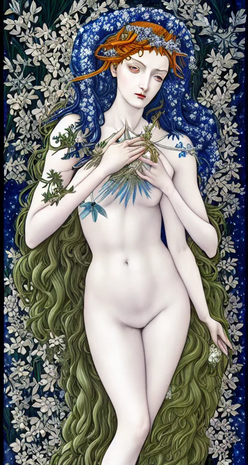 Prompt: the Goddess of Winter, in a mixed style of Botticelli and Æon Flux, inspired by pre-raphaelite paintings and shoujo manga, surrounded by flora and fauna, hyper detailed, stunning inking lines, flat colors, 4K photorealistic