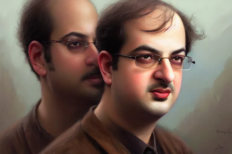 Image similar to poster portrait of young salman rushdie. oil painting elegant, highly detailed, centered, digital painting, artstation, concept art, smooth, sharp focus, illustration, artgerm, tomasz alen kopera, peter mohrbacher, donato giancola, joseph christian leyendecker drew struzan