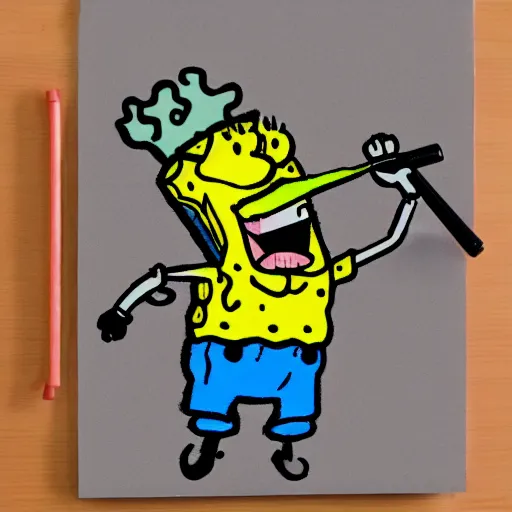 Image similar to sketchy crayon drawing of spongebob squarepants holding a kitchen knife, childish rough sketch, accurate