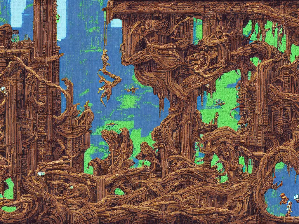 Prompt: Sega Mega Drive Genesis sidescroller game by H.R. Giger, Todd McFarlane, Zdzislaw Beksinski, pixelated