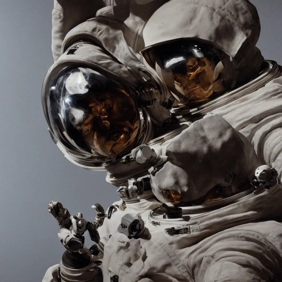Image similar to a detailed bust of an astronaut by caravaggio, dynamic lighting, cinematic, epic composition, masterpiece