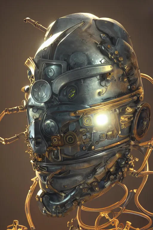 Image similar to steampunk mask minimalist fantasy art robot ninja helmet, global illumination ray tracing hdr fanart arstation by sung choi and eric pfeiffer and gabriel garza and casper konefal radiating a glowing aura