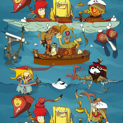 Prompt: The Pirate king dines on dragon hearts, his court of penguins cheer him on. in the style of Adventure Time by Pendleton Ward. The feeling is Raucous and Joyful.