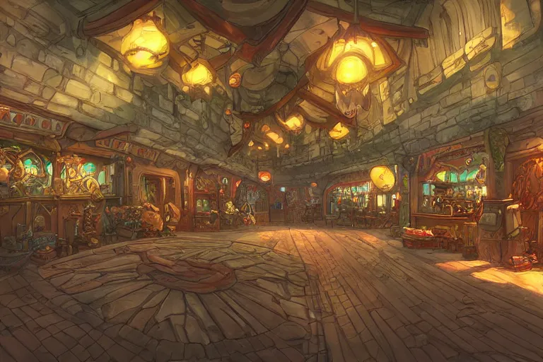 Image similar to interior wide angle shot of a fantasy coastal market place in the style of arcane league of legends, christopher c. lee, moebius, makoto shinkai