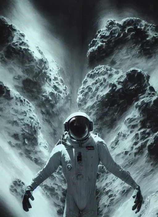 Image similar to astronauts in dark and empty void underwater - complex and hyperdetailed technical suit. reflection and dispersion materials. rays and dispersion of light. volumetric light. 5 0 mm, f / 3 2. noise film photo. flash photography. ultra realistic, wide angle. poster by wayne barlowe, hajime sorayama aaron horkey, craig mullins