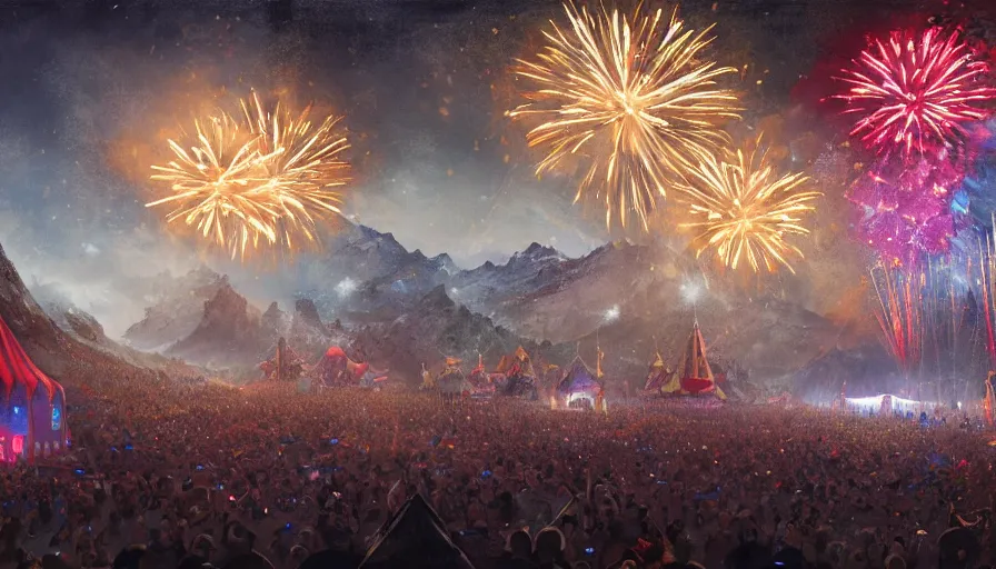 Image similar to Giant illuminated circus in the snowy mountains with fireworks in the sky at night, hyperdetailed, artstation, cgsociety, 8k