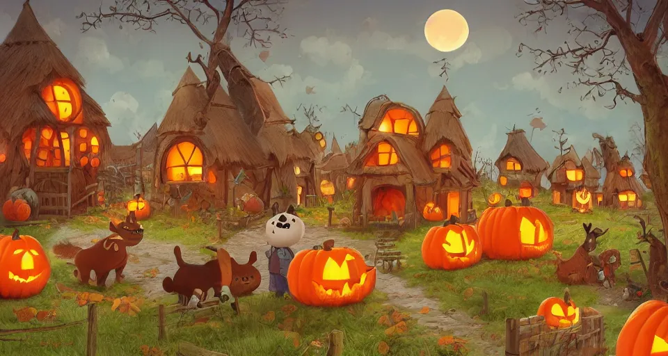 Image similar to animals living in a pumpkin patch village, rustic, story book, over the garden wall, beautiful, highly detailed, artstation, soft lighting,