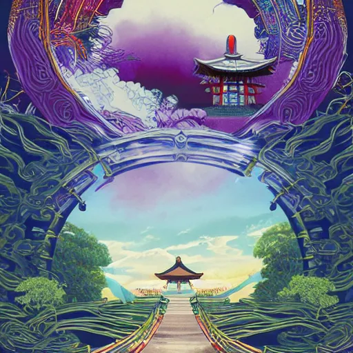 Image similar to infinite majestic shinto shrine portal dark gate magic door pyromancer mage : : 1 full of colorpalette rippled layers, clouds, vines, swirls, curves, ultra fine detail, swirling clouds, artstation trending, art nouveau, raytracing,