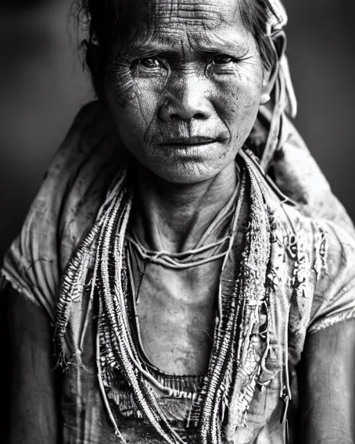 Prompt: Award winning Portrait photo of a Native Female Myanmarese with hyper-detailed eyes wearing traditional garb by Lee Jeffries, 85mm ND 5, perfect lighting, gelatin silver process