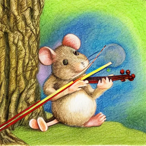 Image similar to mouse playing violin, fantasy forrest background, moonlight, coloured pencil, detailed, medium shoot