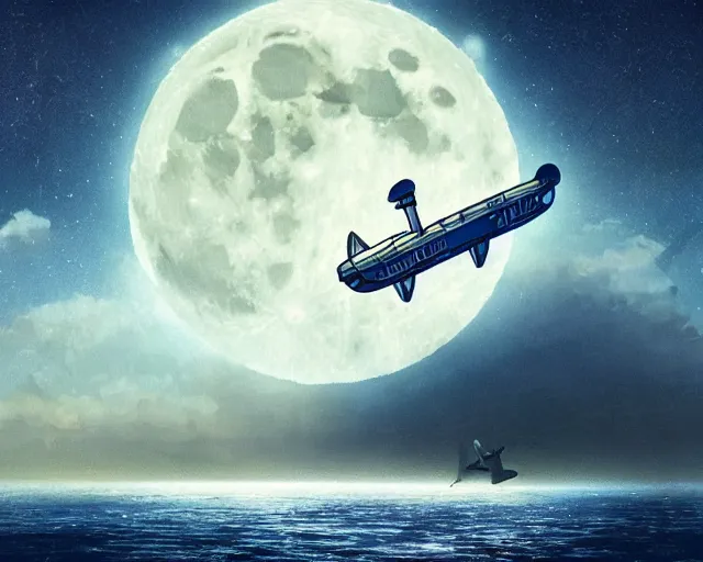 Image similar to a seaplane flying to the moon, intricate, highly detailed, soft illumination, digital painting, artstation, concept art, smooth, sharp focus, illustration, cinematic, vfx, 4 k