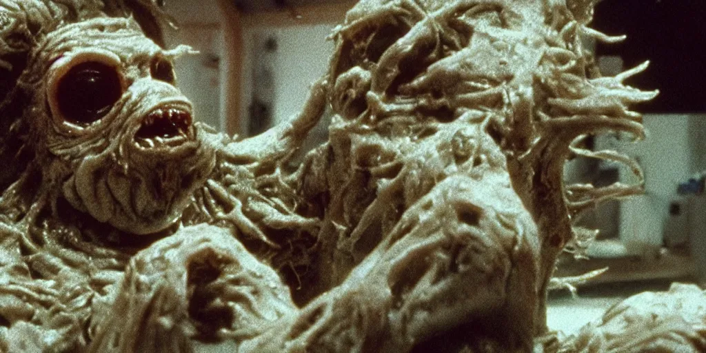 Prompt: filmic extreme closeup dutch angle movie still 4k UHD interior 35mm film color photograph of a a detached snarling distorted deformed human head protruding out of a mutated abstract shape shifting organism made of human internal organs, in the style of a horror film The Thing 1982