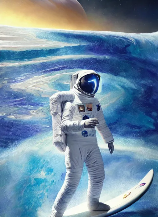 Prompt: an amazing digital painting of an astronaut in a white and royal blue luxurious space suit surfing an interstellar tsunami on a futuristic surfboard at Pamukkale, thermal waters flowing down multiversal gold travertine terraces by greg rutkowski, photorealistic, trending on artstation, highly detailed, unreal engine, octane render