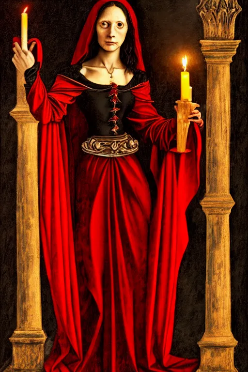 Image similar to a vampire in an ornate red dress, obelisks and black pyramids, candle light, oil painting, high detail, dark lighting, atmospheric, extremely detailed, intricate, da vinci, michelangelo, caravaggio, hans holbein, raphael, donatello, 8 k