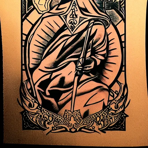 Image similar to tattoo design, stencil, a tarot card of an old man resting on a sword in the desert