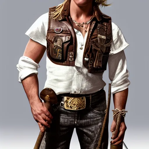 Image similar to a male ranger, dnd, wearing a leather vest and white linen pants, puka shell necklace, long swept back blond hair, with a bongo drum and nunchucks, chiseled good looks, digital art