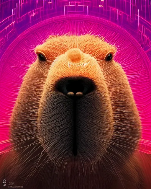 Image similar to portrait of funny giant cute eyes capybara, intricate abstract. intricate artwork, by tooth wu, wlop, beeple, dan mumford. concept art, psychedelic lighting, octane render, trending on artstation, greg rutkowski very coherent symmetrical artwork. cinematic, key art, hyper realism, high detail, octane render, 8 k, iridescent accents