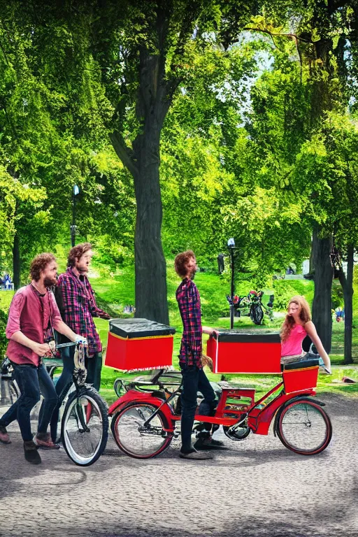 Prompt: potrait of band playing in the park with christiania cargobike. Summer. High definition, Cinematography, mega scans, cinematic, hyper realistic, photo realistic, cinematic composition, highly detailed, vray, 8k render