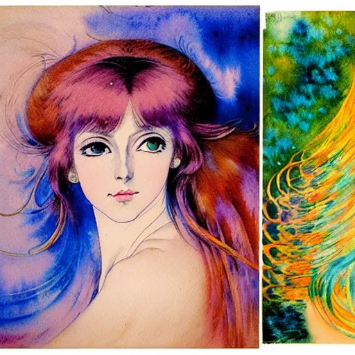 Image similar to vintage 7 0 s anime watercolor by karol bak, a portrait of a lady with colorful face - paint enshrouded in an impressionist watercolor, representation of mystic crystalline rift fractals in the background by william holman hunt, art by cicley mary barker, thick impressionist watercolor brush strokes, portrait painting by daniel garber, minimalist simple pen and watercolor