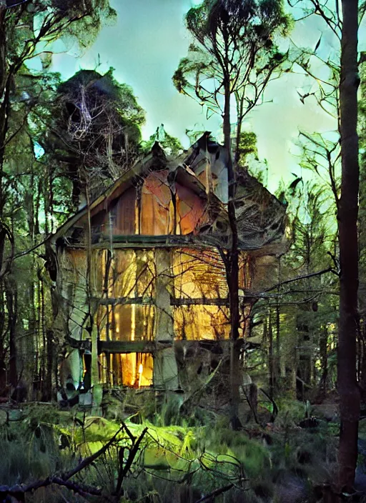 Image similar to hyper realistic witchy modern house with mood lighting and tech in the woods gorgeous lighting, blue sky, highly detailed, lush forest foliage painting by zdzisław beksinski and norman rockwell and greg rutkowski weta studio, and lucasfilm