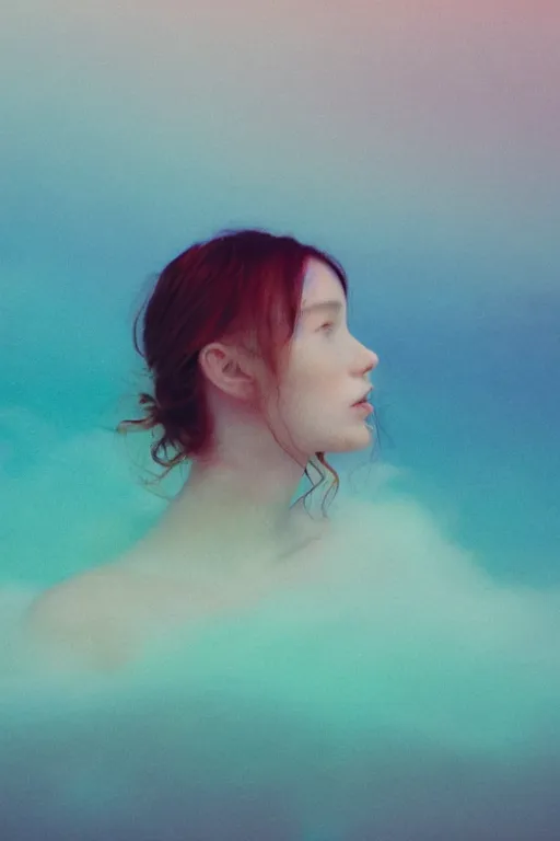 Image similar to high quality pastel coloured film close up wide angle photograph of a model wearing clothing swimming on cloud furniture in a icelandic black rock!! environment in a partially haze filled dreamstate world. three point light, rainbow. photographic production. art directed. pastel colours. volumetric clouds. pastel gradient overlay. waves glitch artefacts. extreme facial clarity. 8 k. filmic.