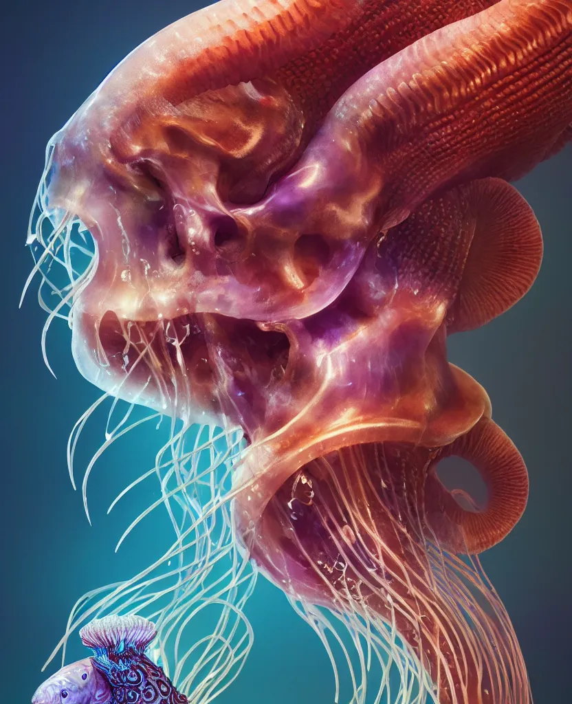 Image similar to goddess close-up portrait animal skull. jellyfish phoenix head, nautilus, orchid, skull, betta fish, bioluminiscent creatures, intricate artwork by Tooth Wu and wlop and beeple. octane render, trending on artstation, greg rutkowski very coherent symmetrical artwork. cinematic, hyper realism, high detail, octane render, 8k