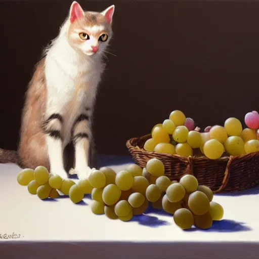 Prompt: cats pondering grapes, still life painting, artstation