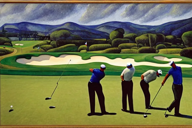 Image similar to Three golfers on a beautiful golf course driving range, by Diego Rivera